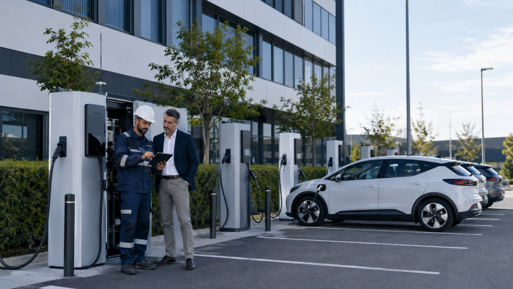 Técnico y responsable de empresa supervisando la instalación de varios puntos de recarga para vehículos eléctricos