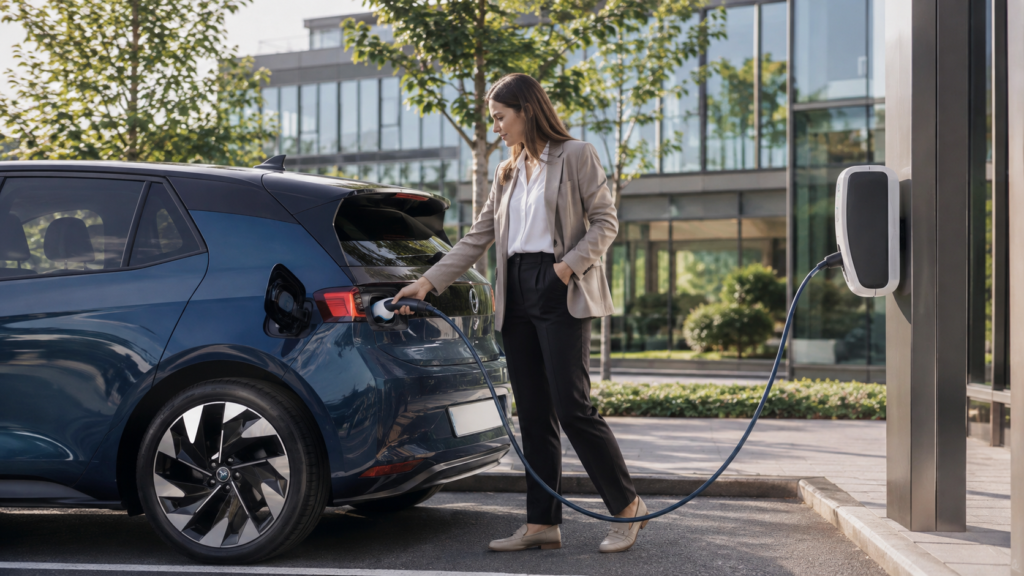 Profesional cargando un coche eléctrico en las instalaciones de una empresa