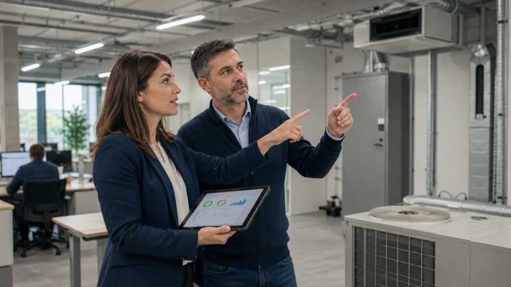 Consultora energética y responsable de empresa revisando oportunidades de eficiencia en las instalaciones
