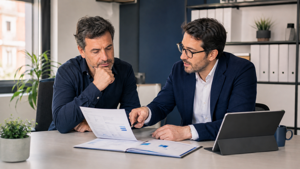 Cliente revisando una propuesta energética con un asesor