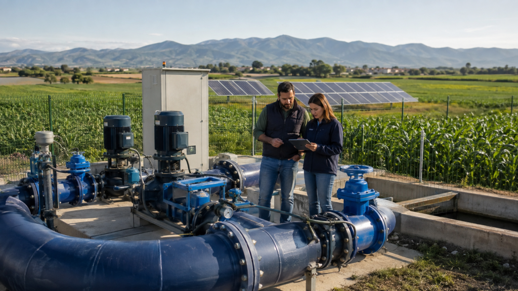 Técnicos supervisando una estación de bombeo con energía solar en una comunidad de regantes