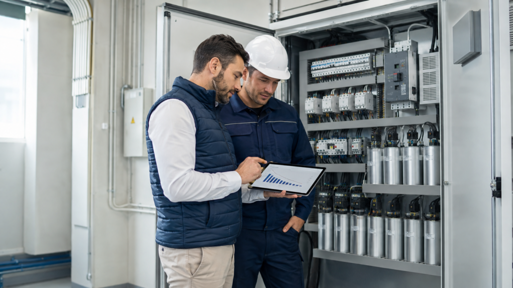 Técnico y asesor analizando una instalación de batería de condensadores